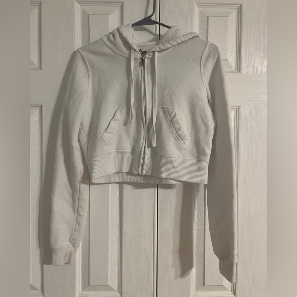 Hollister White Cropped Hoodie Small